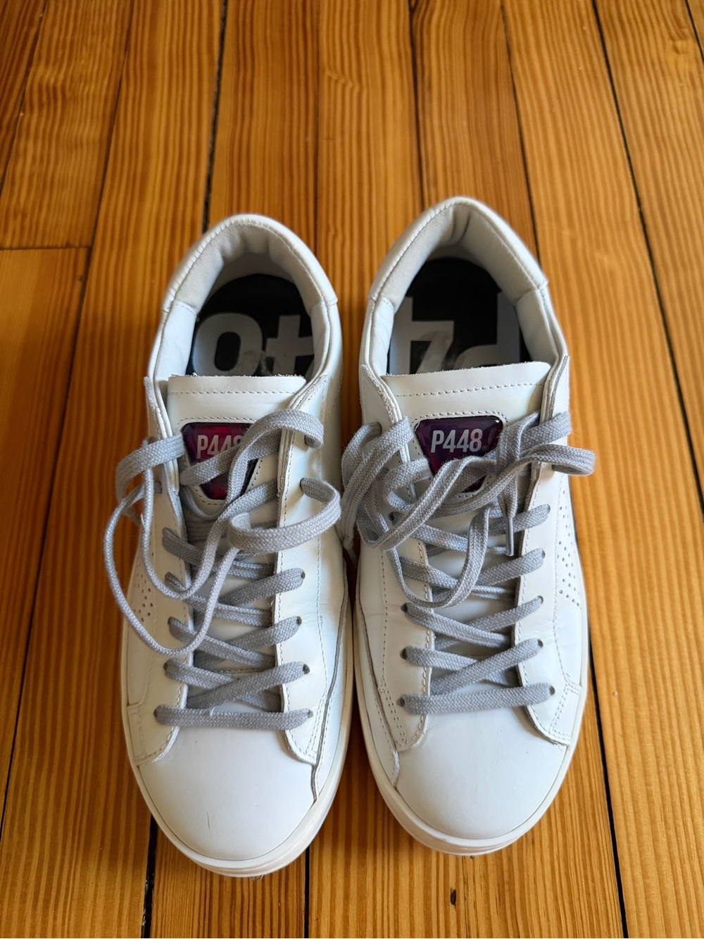 P448 White Leather Sneakers with Gray Laces and Burgundy Tongue Patch